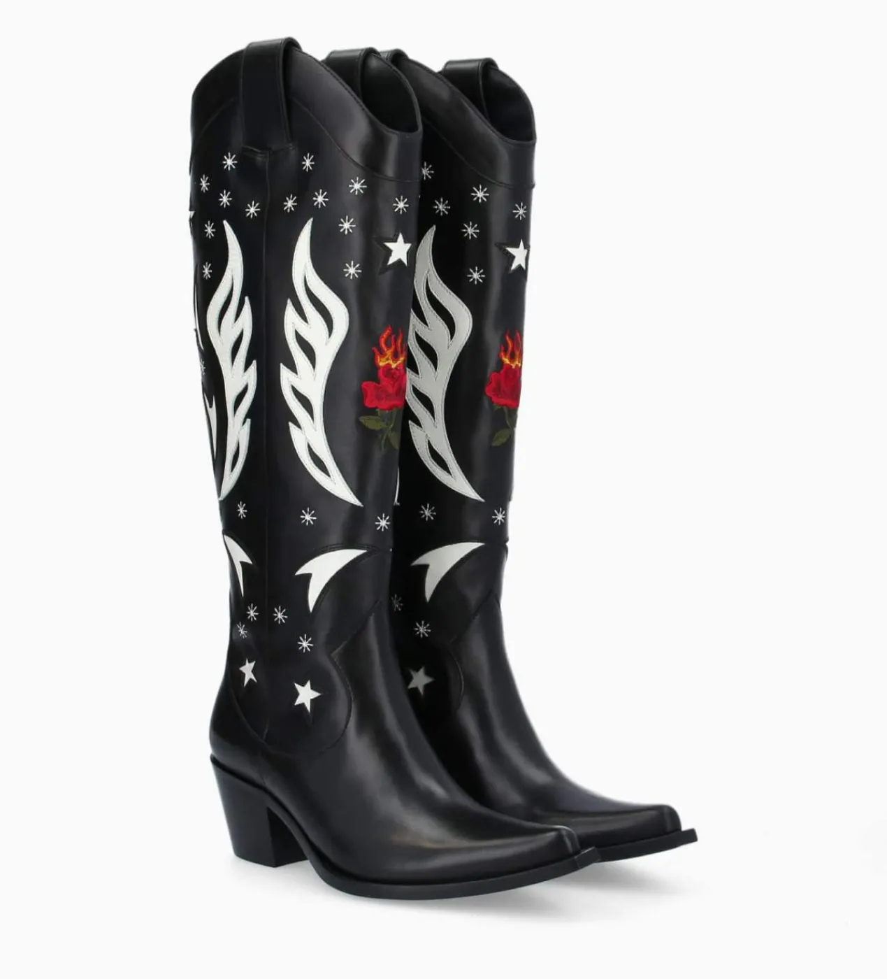 FREE LANCE Paris Botte western à talon brodée - Tina 50 - Cuir de veau lisse brillant - Noir/Beige Best Sale