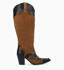 FREE LANCE Paris Botte western brodée à talon - Terry 80 - Cuir velours/Cuir imprimé lézard - Noir/Brun New
