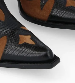 FREE LANCE Paris Botte western brodée à talon - Terry 80 - Cuir velours/Cuir imprimé lézard - Noir/Brun New