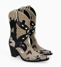 FREE LANCE Paris Bottine western à talon - Andrea 80 - Cuir de veau/Velours/Nappa/Serpent - Noir/Beige/Taupe Discount