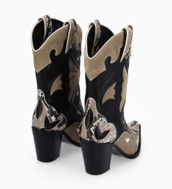 FREE LANCE Paris Bottine western à talon - Andrea 80 - Cuir de veau/Velours/Nappa/Serpent - Noir/Beige/Taupe Discount