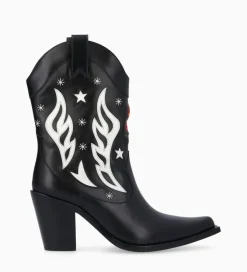 FREE LANCE Paris Bottine western à talon brodée - Tippi 80 - Cuir de veau lisse brillant - Noir/Beige Store