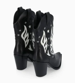 FREE LANCE Paris Bottine western à talon brodée - Tippi 80 - Cuir de veau lisse brillant - Noir/Beige Store