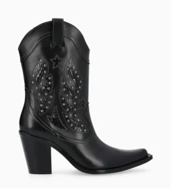 FREE LANCE Paris Bottine western brodée à talon avec clous - Tippi 80 - Cuir de veau lisse/Cuir imprimé serpent - Noir Fashion