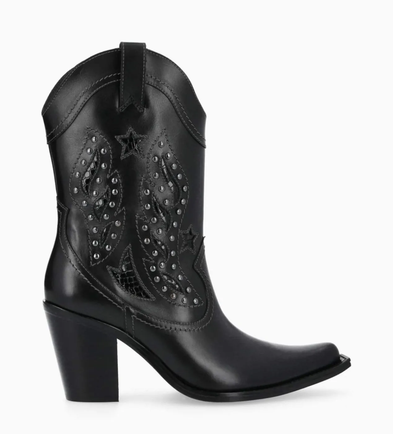 FREE LANCE Paris Bottine western brodée à talon avec clous - Tippi 80 - Cuir de veau lisse/Cuir imprimé serpent - Noir Fashion