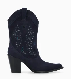 FREE LANCE Paris Bottine western brodée à talon avec clous - Tippi 80 - Cuir velours/Cuir imprimé serpent - Marine Flash Sale