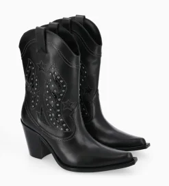 FREE LANCE Paris Bottine western brodée à talon avec clous - Tippi 80 - Cuir de veau lisse/Cuir imprimé serpent - Noir Fashion