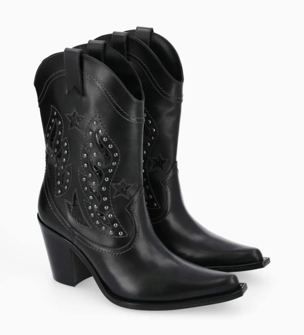 FREE LANCE Paris Bottine western brodée à talon avec clous - Tippi 80 - Cuir de veau lisse/Cuir imprimé serpent - Noir Fashion