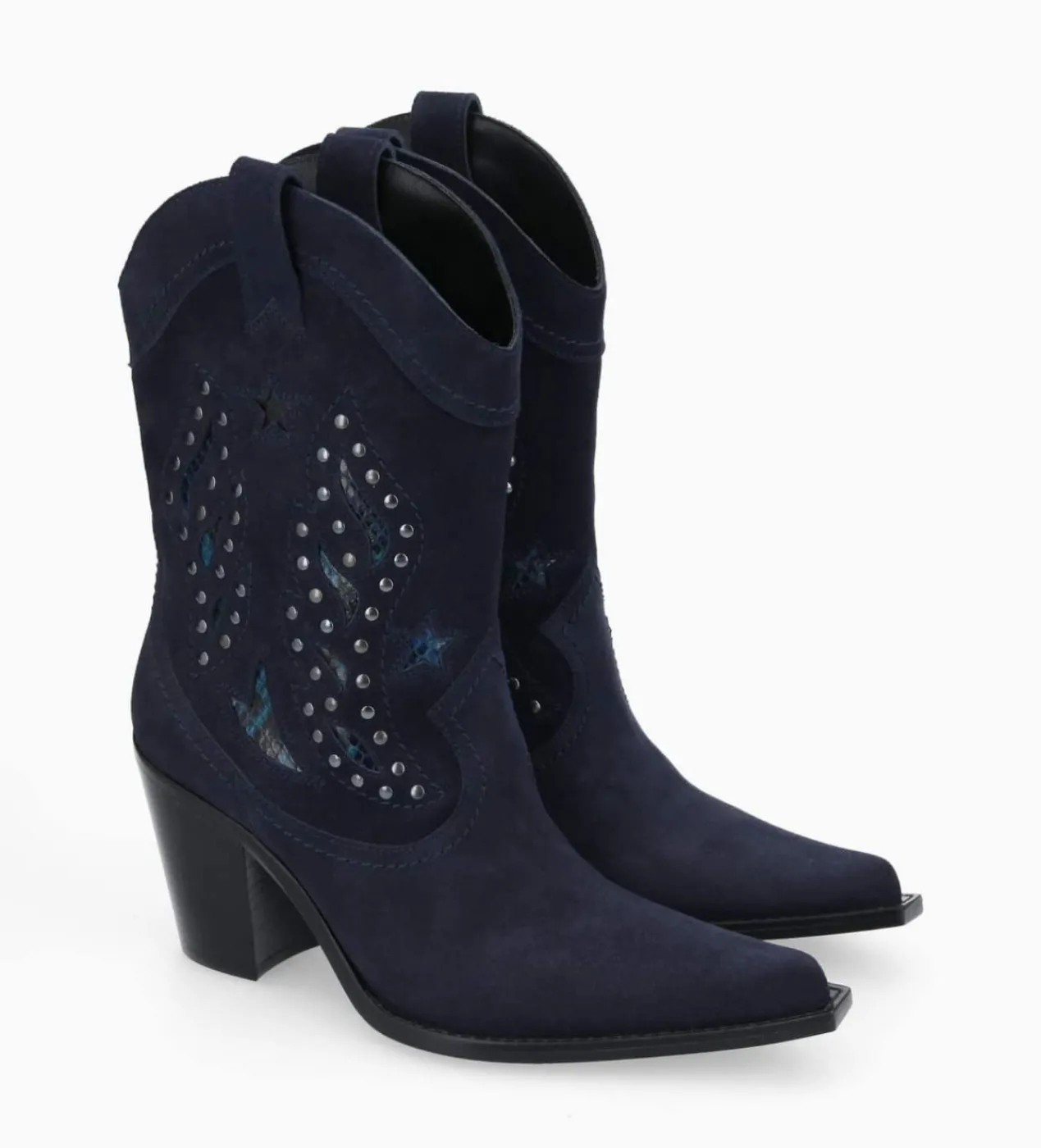 FREE LANCE Paris Bottine western brodée à talon avec clous - Tippi 80 - Cuir velours/Cuir imprimé serpent - Marine Flash Sale