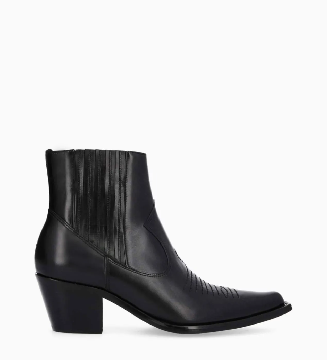 FREE LANCE Paris Bottine western chelsea brodée à talon - Simone 50 - Cuir de veau lisse brillant - Noir Clearance