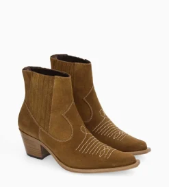 FREE LANCE Paris Bottine western chelsea brodée à talon - Simone 50 - Cuir velours - Sienna Clearance