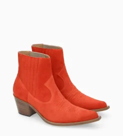 FREE LANCE Paris Bottine western chelsea brodée à talon - Simone 50 - Cuir velours - Coquelicot Flash Sale