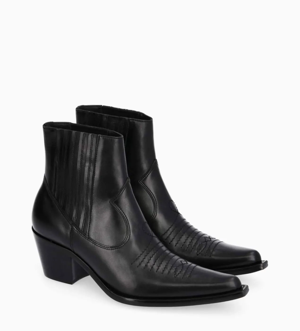 FREE LANCE Paris Bottine western chelsea brodée à talon - Simone 50 - Cuir de veau lisse brillant - Noir Clearance