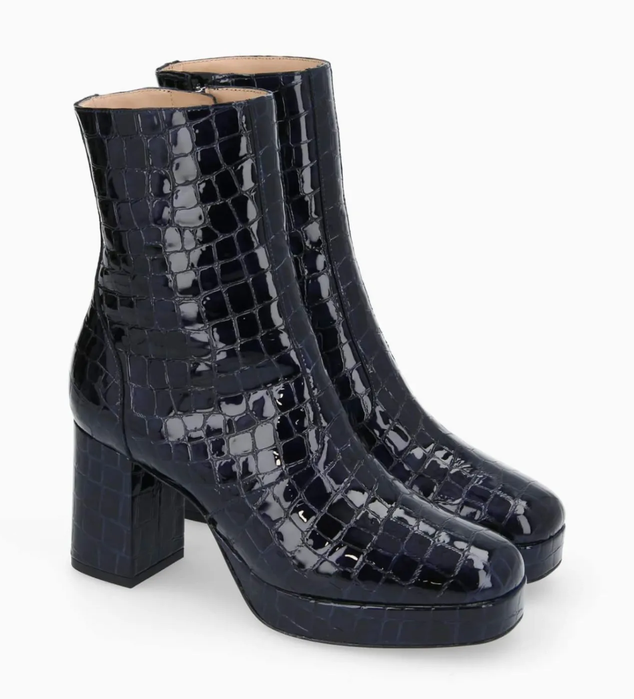 FREE LANCE Paris Bottine zippée à talon - Carlotta 70 - Cuir imprimé crocodile verni - Bleu nuit Bleunuit Online