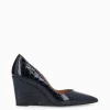 FREE LANCE Paris Escarpin à talon compensé à bout pointu - Francesca 70 - Cuir imprimé crocodile verni - Bleu nuit Bleunuit Outlet