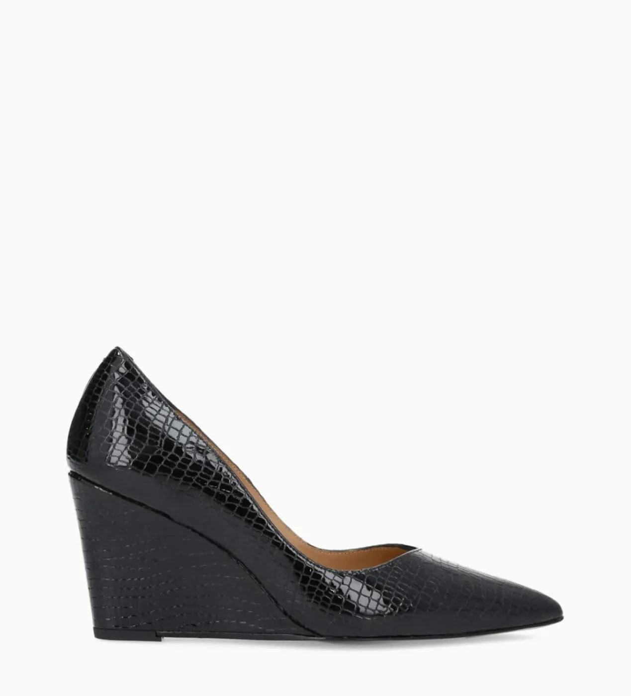 FREE LANCE Paris Escarpin à talon compensé à bout pointu - Francesca 70 - Cuir imprimé serpent verni - Noir Store