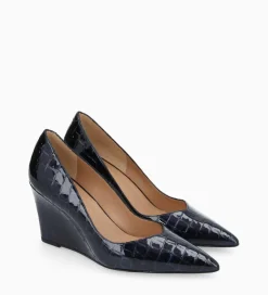 FREE LANCE Paris Escarpin à talon compensé à bout pointu - Francesca 70 - Cuir imprimé crocodile verni - Bleu nuit Bleunuit Outlet