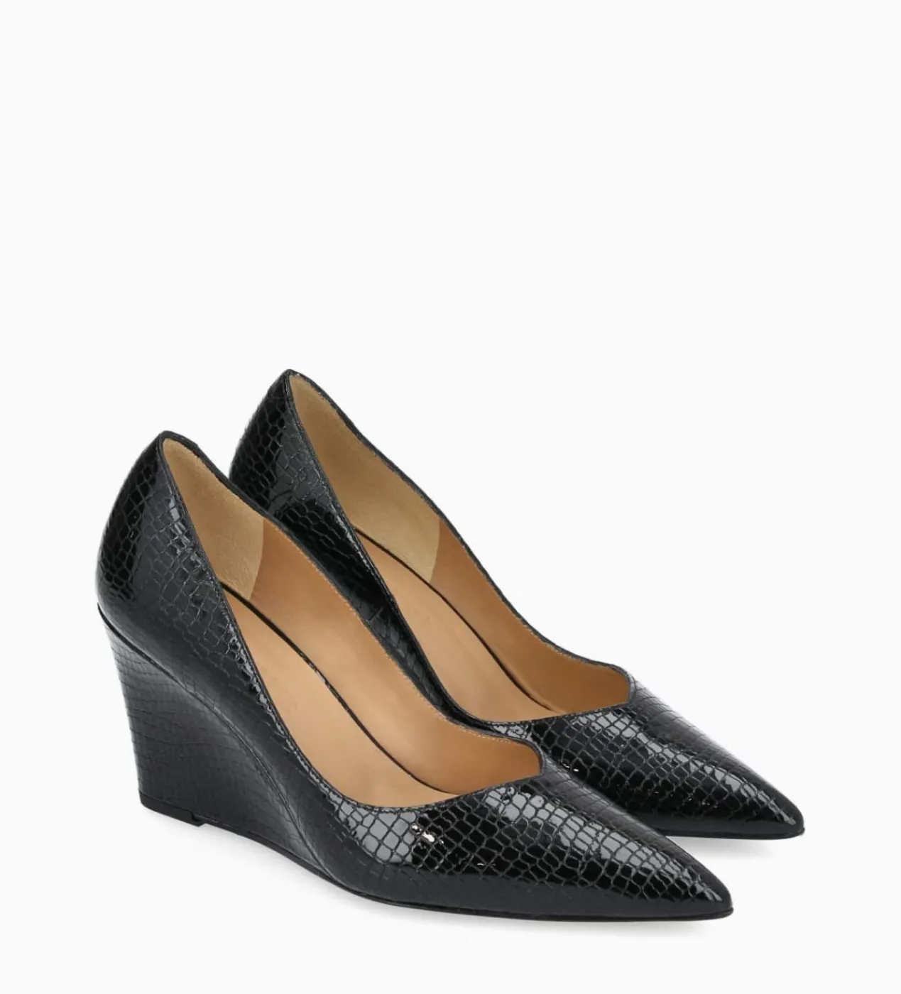 FREE LANCE Paris Escarpin à talon compensé à bout pointu - Francesca 70 - Cuir imprimé serpent verni - Noir Store