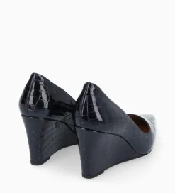 FREE LANCE Paris Escarpin à talon compensé à bout pointu - Francesca 70 - Cuir imprimé crocodile verni - Bleu nuit Bleunuit Outlet