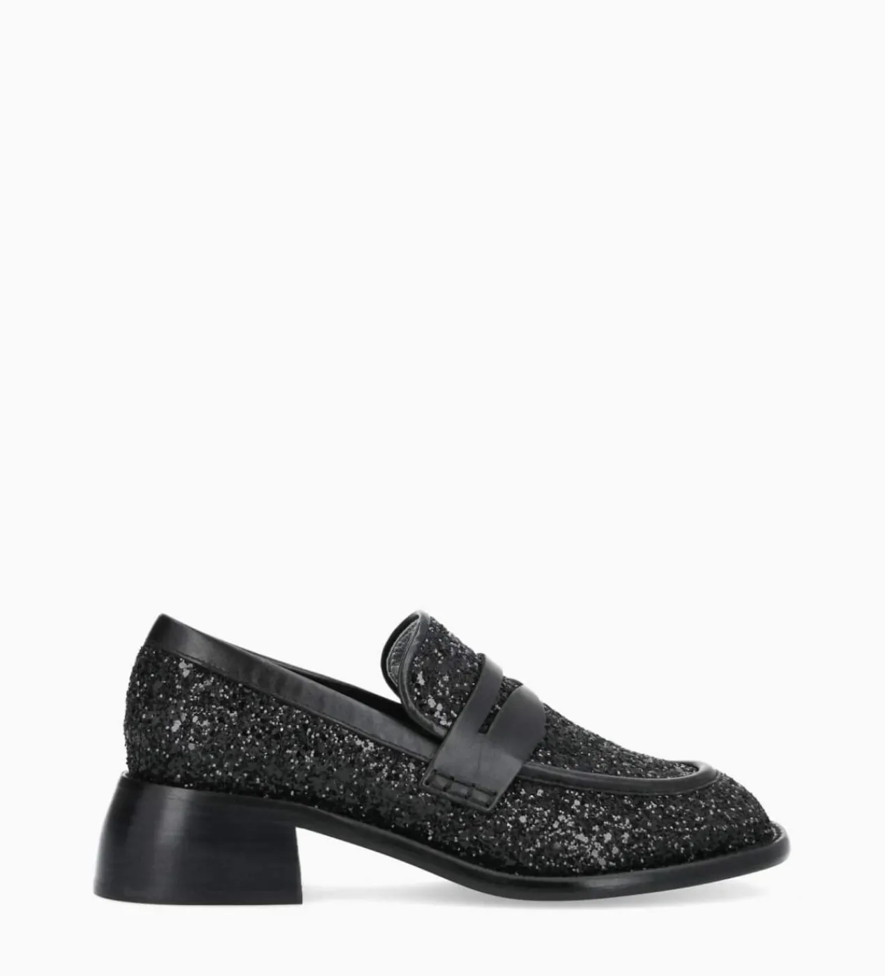 FREE LANCE Paris Mocassin à talon à bout carré - Anaïs 50 - Toile pailletée/Cuir de veau - Onyx/Noir Clearance