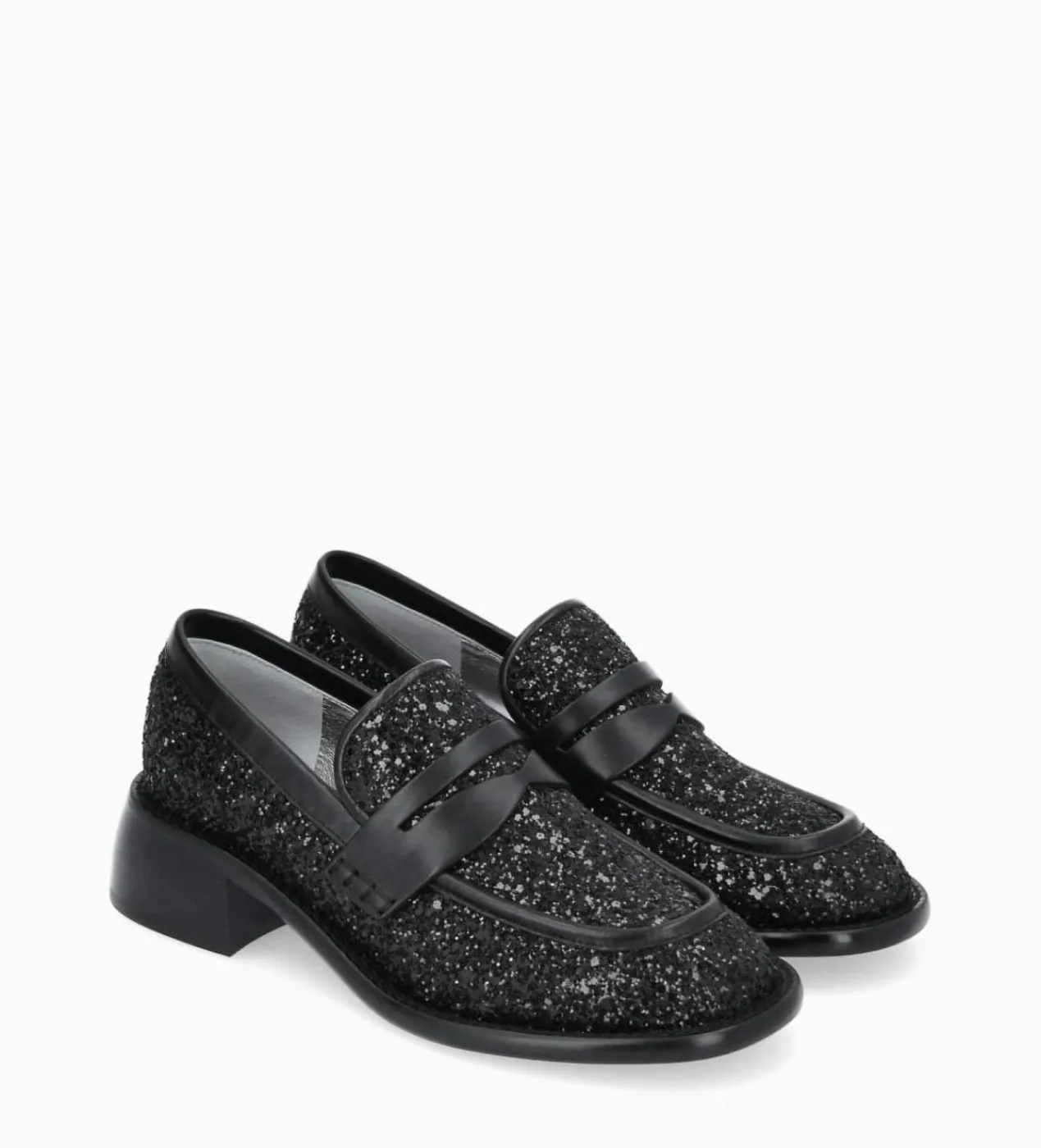 FREE LANCE Paris Mocassin à talon à bout carré - Anaïs 50 - Toile pailletée/Cuir de veau - Onyx/Noir Clearance