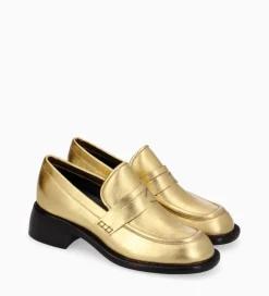 FREE LANCE Paris Mocassin à talon à bout carré - Anaïs 50 - Cuir métallisé - Or Flash Sale
