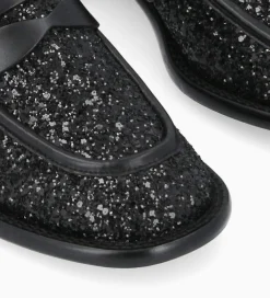 FREE LANCE Paris Mocassin à talon à bout carré - Anaïs 50 - Toile pailletée/Cuir de veau - Onyx/Noir Clearance